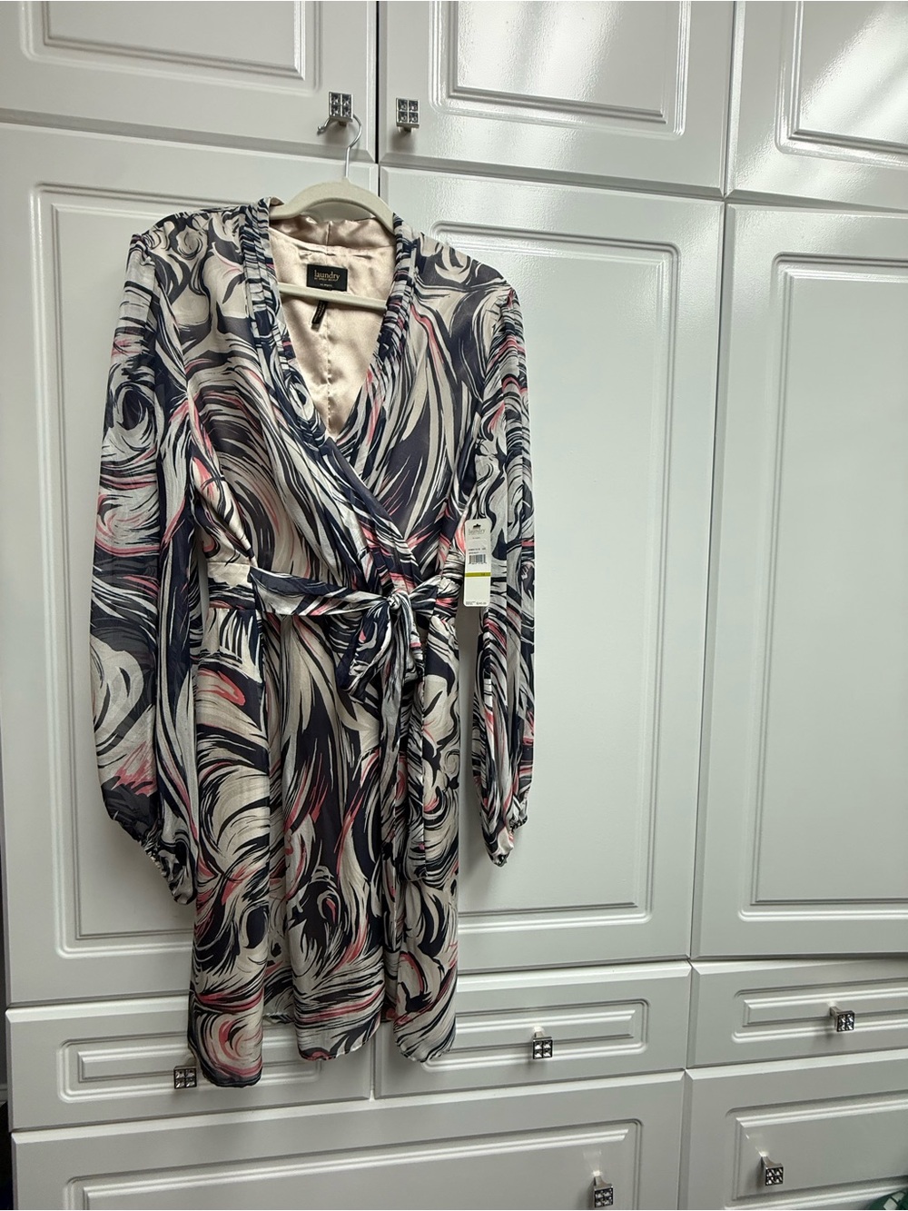 Shelli Segal Navy, Cream & Pink Swirl Wrap Silk Dress